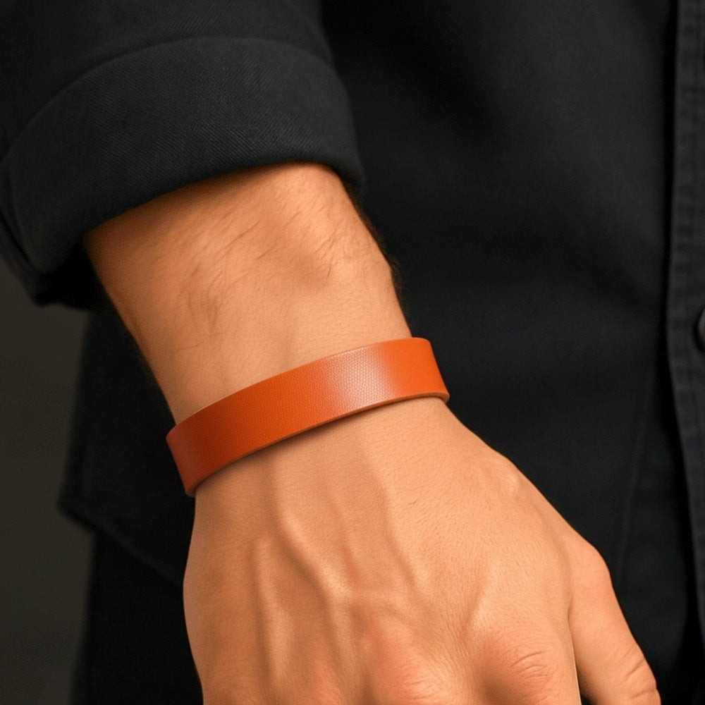 THE MEN THING Leather Bracelet BLAZEFIT ORANGE STRAP - 18mm Genuine Leather Bracelet with Stainless Steel Stud button Closure for Men & Boys (6.6-7.1-7.6 inch)