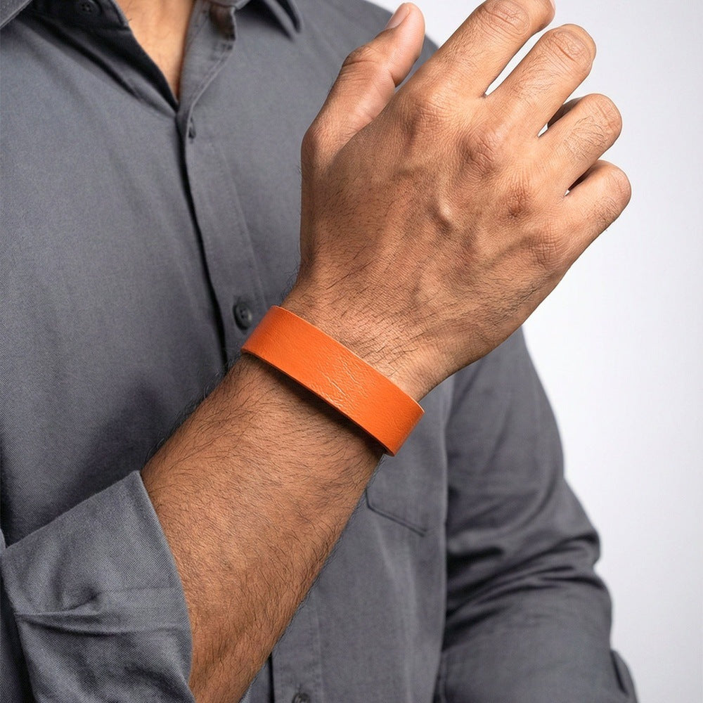 THE MEN THING Leather Bracelet BLAZEFIT ORANGE STRAP - 18mm Genuine Leather Bracelet with Stainless Steel Stud button Closure for Men & Boys (6.6-7.1-7.6 inch)