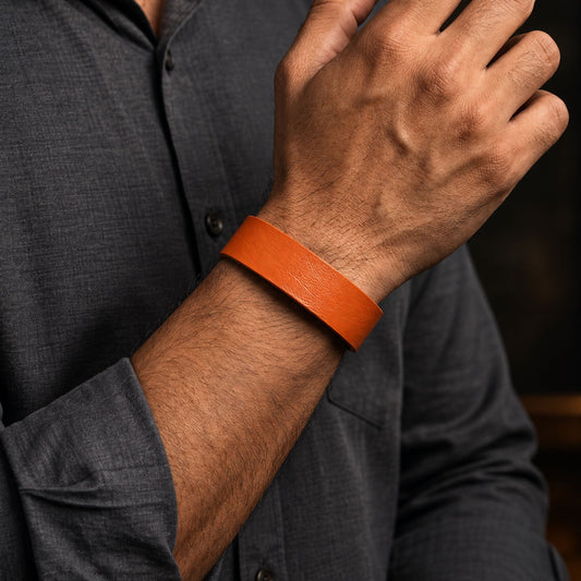 THE MEN THING Leather Bracelet BLAZEFIT ORANGE STRAP - 18mm Genuine Leather Bracelet with Stainless Steel Stud button Closure for Men & Boys (6.6-7.1-7.6 inch)