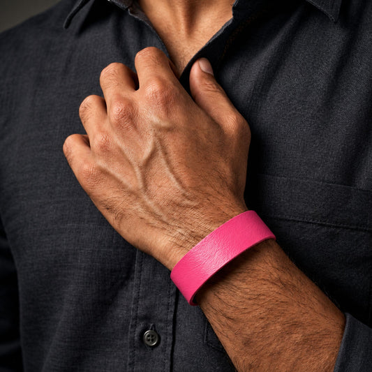 THE MEN THING Leather Bracelet BLAZEFIT PINK STRAP - 18mm Genuine Leather Bracelet with Stainless Steel Stud button Closure for Men & Boys (6.6-7.1-7.6 inch)