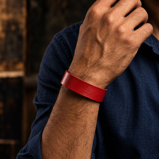 THE MEN THING Leather Bracelet BLAZEFIT RED STRAP - 18mm Genuine Leather Bracelet with Stainless Steel Stud button Closure for Men & Boys (6.6-7.1-7.6 inch)