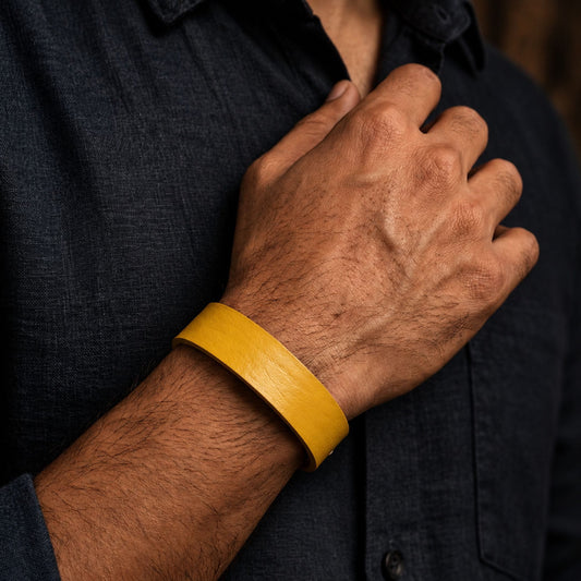 THE MEN THING Leather Bracelet BLAZEFIT YELLOW STRAP - 18mm Genuine Leather Bracelet with Stainless Steel Stud button Closure for Men & Boys (6.6-7.1-7.6 inch)