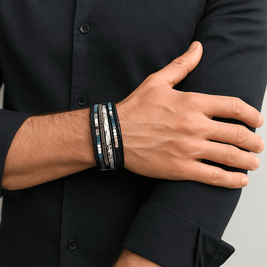 THE MEN THING Leather Bracelet BOHEMIAN BLISS - Multiple Genuine Braided Leather Bracelet Set for Men & Boys (8 inch)