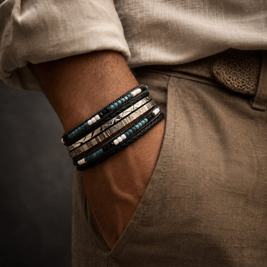 THE MEN THING Leather Bracelet BOHEMIAN BLISS - Multiple Genuine Braided Leather Bracelet Set for Men & Boys (8 inch)