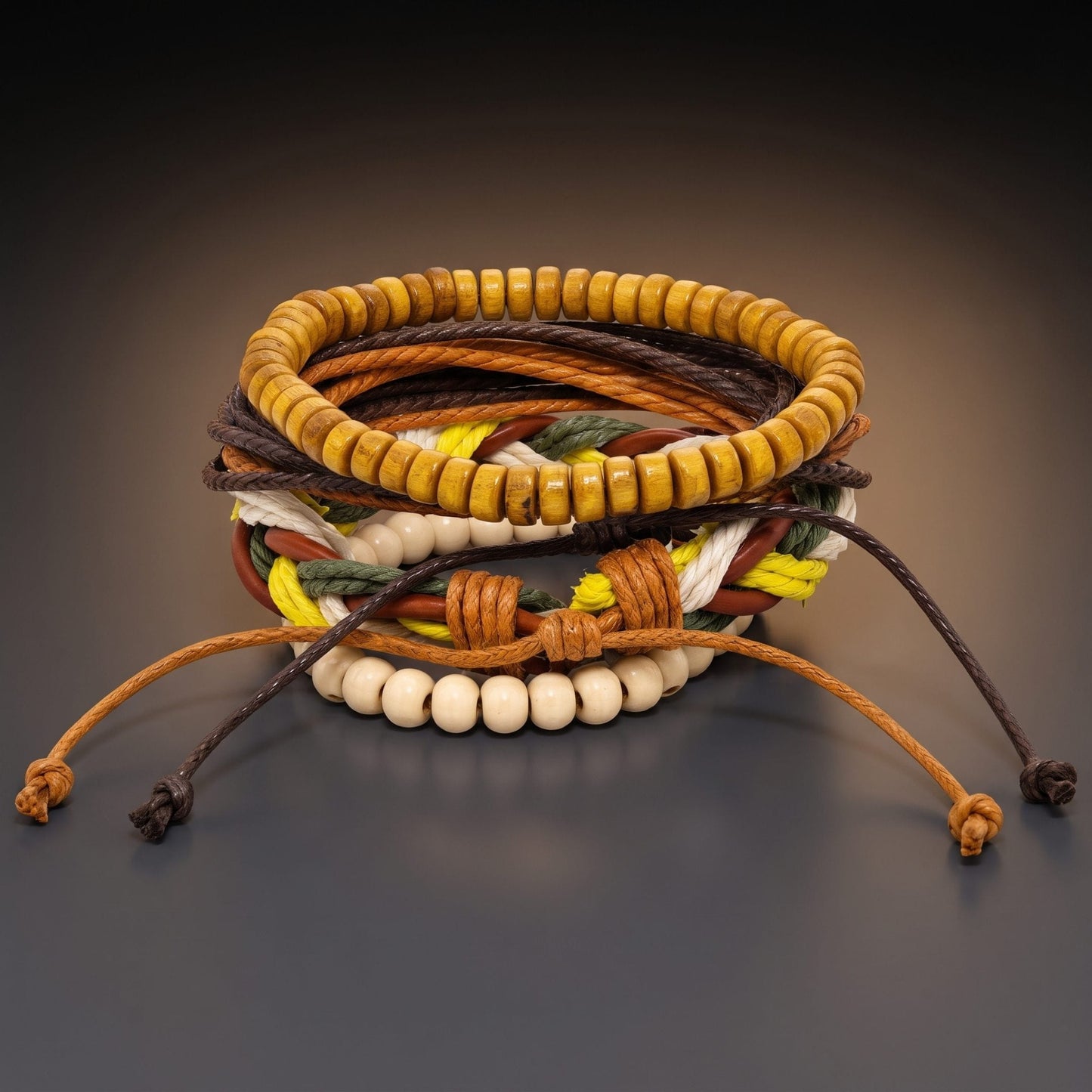 THE MEN THING Leather Bracelet BOHO WOOD STACK - 4 Pcs Genuine Leather Adjustable Bracelet for Men & Boys