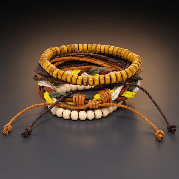 BOHO WOOD STACK - 4 Pcs Genuine Leather Adjustable Bracelet for Men & Boys