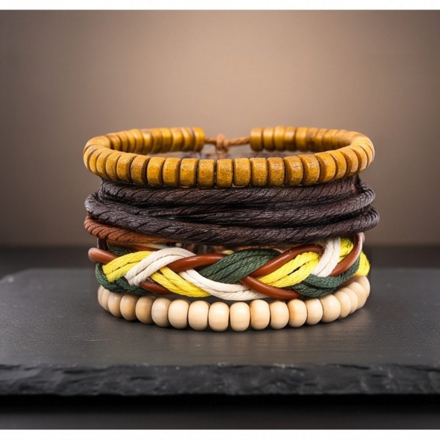THE MEN THING Leather Bracelet BOHO WOOD STACK - 4 Pcs Genuine Leather Adjustable Bracelet for Men & Boys