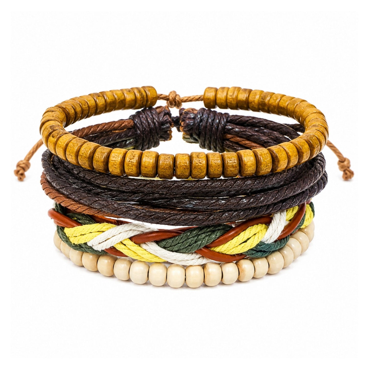 THE MEN THING Leather Bracelet BOHO WOOD STACK - 4 Pcs Genuine Leather Adjustable Bracelet for Men & Boys