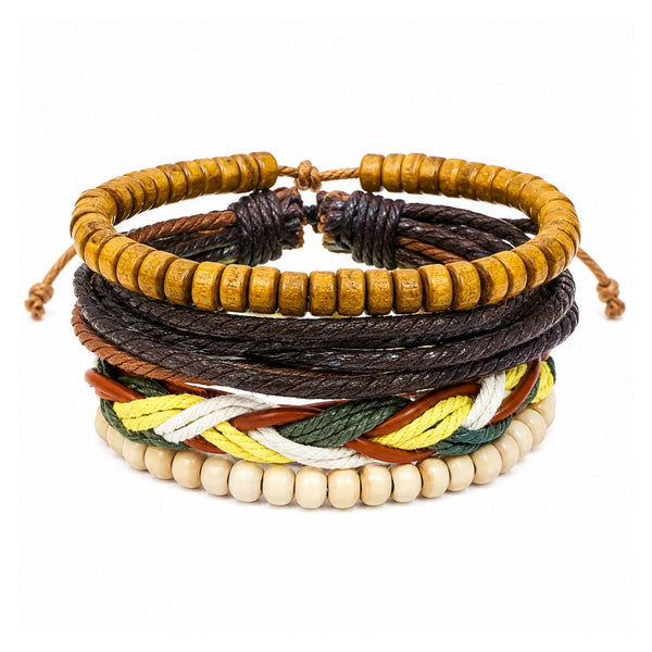 BOHO WOOD STACK - 4 Pcs Genuine Leather Adjustable Bracelet for Men & Boys