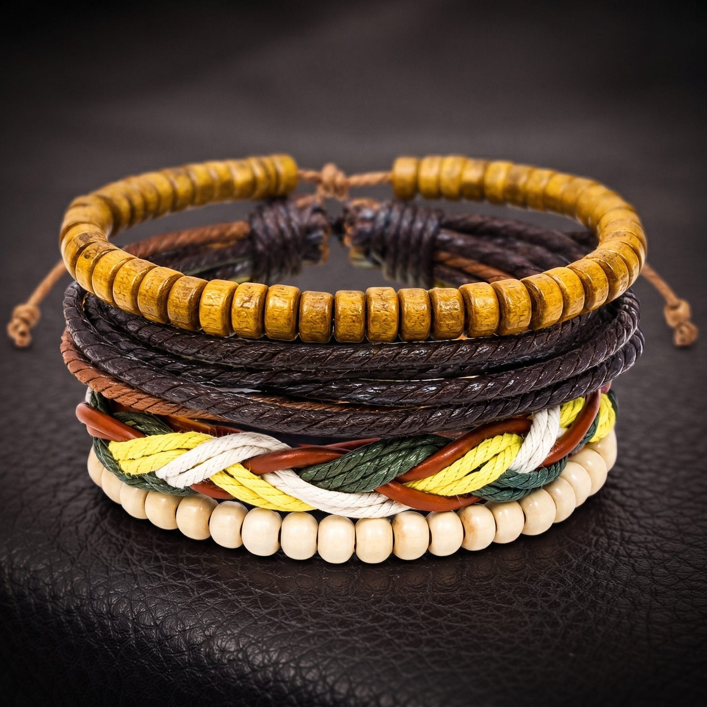 THE MEN THING Leather Bracelet BOHO WOOD STACK - 4 Pcs Genuine Leather Adjustable Bracelet for Men & Boys