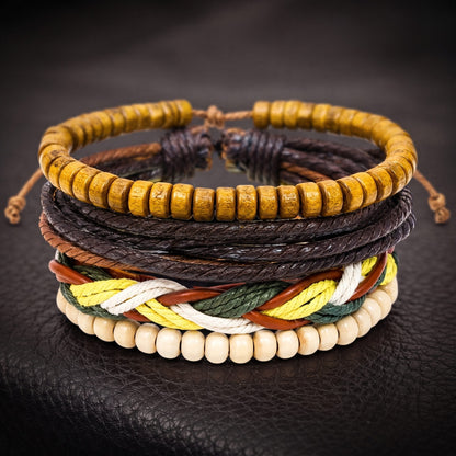 THE MEN THING Leather Bracelet BOHO WOOD STACK - 4 Pcs Genuine Leather Adjustable Bracelet for Men & Boys