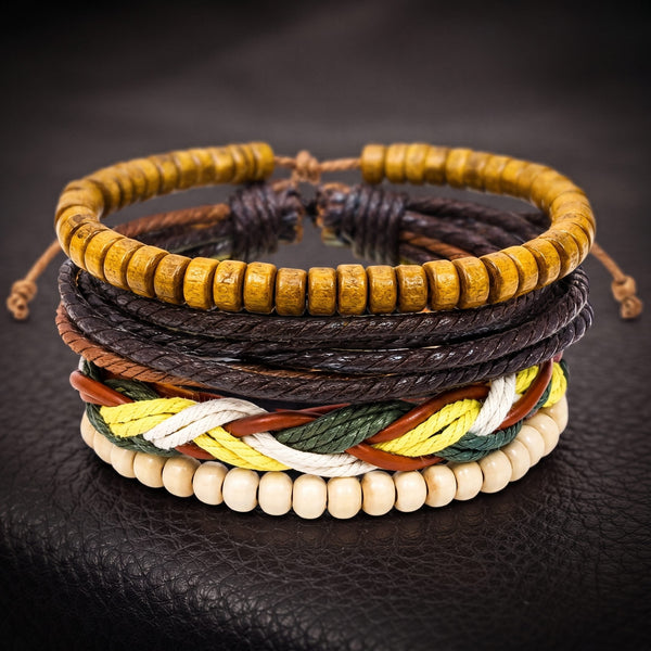 BOHO WOOD STACK - 4 Pcs Genuine Leather Adjustable Bracelet for Men & Boys