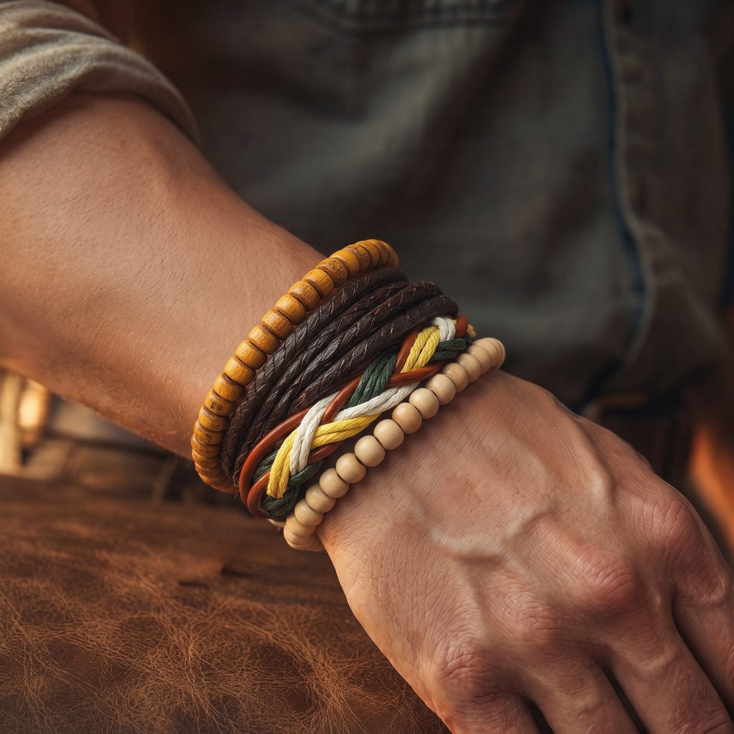 THE MEN THING Leather Bracelet BOHO WOOD STACK - 4 Pcs Genuine Leather Adjustable Bracelet for Men & Boys