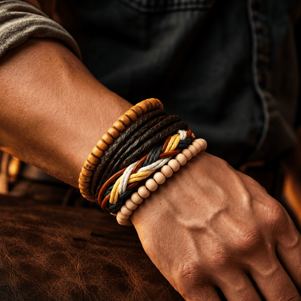 BOHO WOOD STACK - 4 Pcs Genuine Leather Adjustable Bracelet for Men & Boys