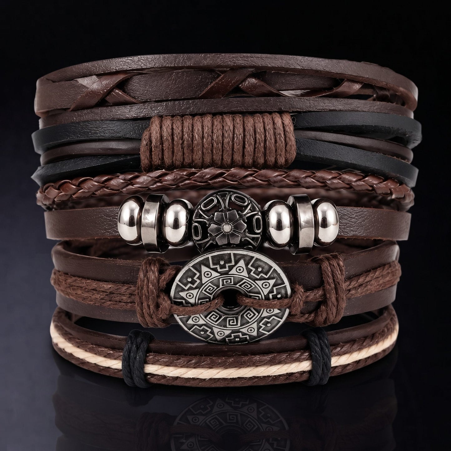 THE MEN THING Leather Bracelet BOHO WOOD STACK - 5 Pcs Genuine Leather Adjustable Bracelet for Men & Boys