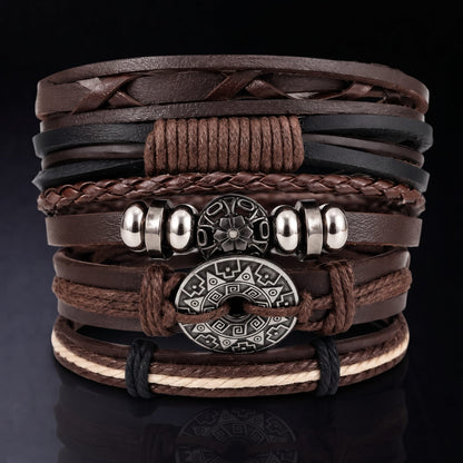 THE MEN THING Leather Bracelet BOHO WOOD STACK - 5 Pcs Genuine Leather Adjustable Bracelet for Men & Boys
