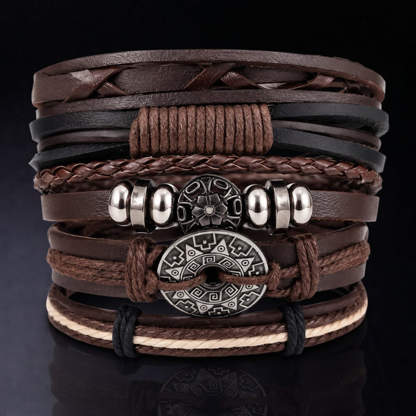 BOHO WOOD STACK - 5 Pcs Genuine Leather Adjustable Bracelet for Men & Boys