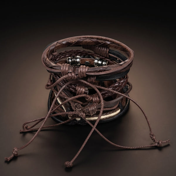 BOHO WOOD STACK - 5 Pcs Genuine Leather Adjustable Bracelet for Men & Boys