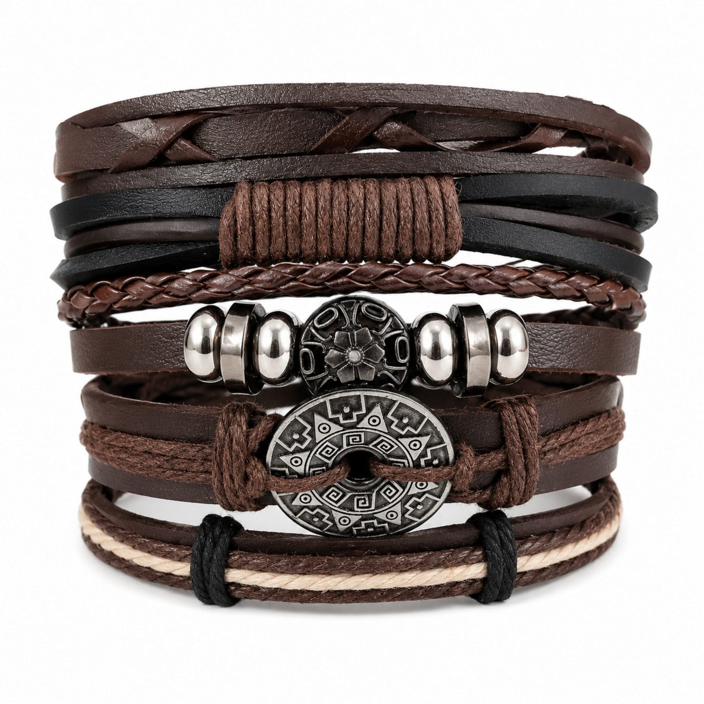 THE MEN THING Leather Bracelet BOHO WOOD STACK - 5 Pcs Genuine Leather Adjustable Bracelet for Men & Boys