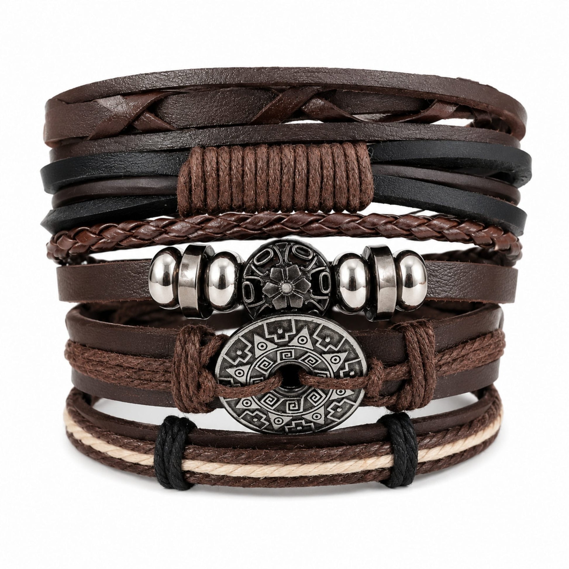 THE MEN THING Leather Bracelet BOHO WOOD STACK - 5 Pcs Genuine Leather Adjustable Bracelet for Men & Boys