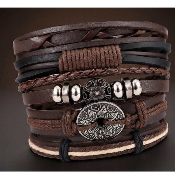BOHO WOOD STACK - 5 Pcs Genuine Leather Adjustable Bracelet for Men & Boys