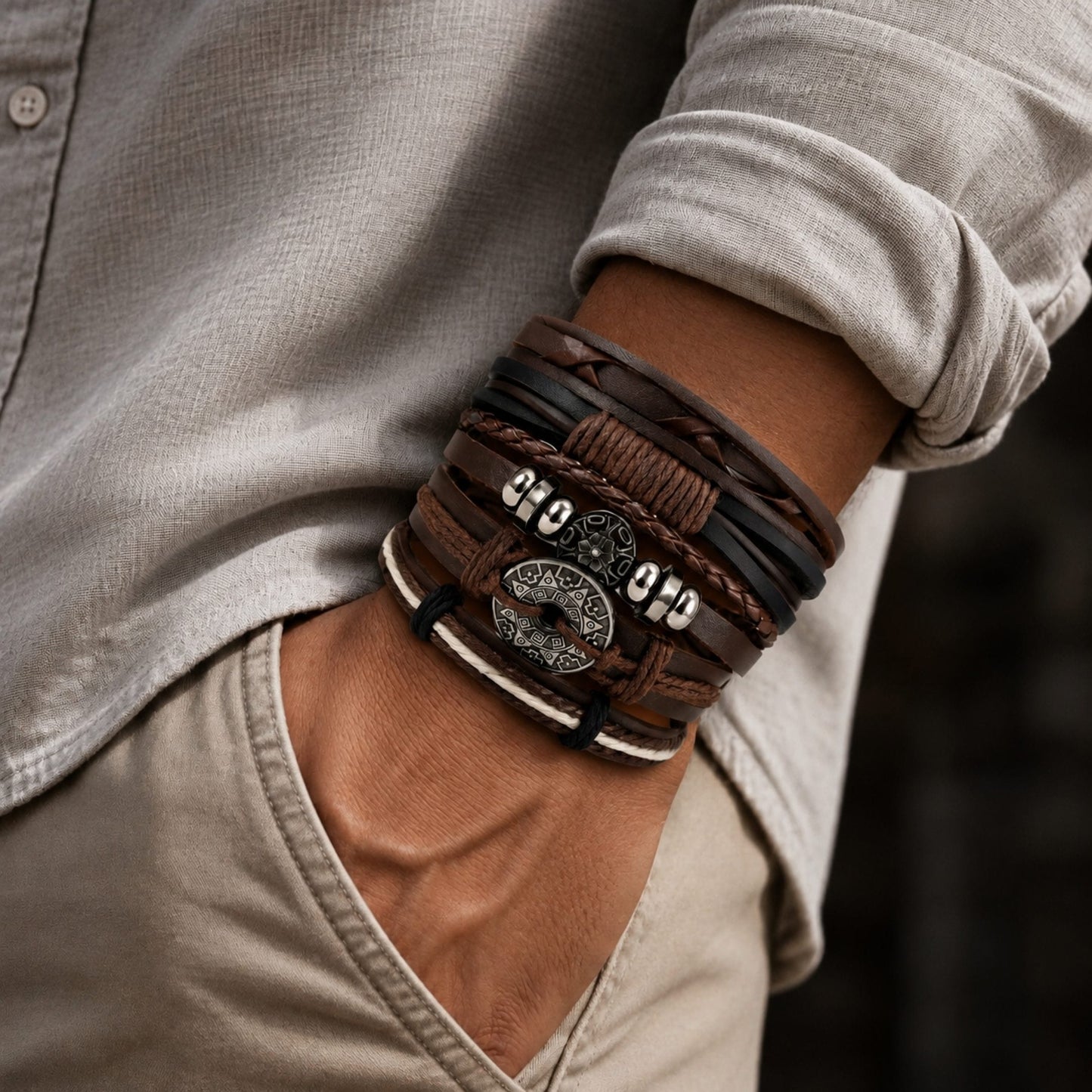 THE MEN THING Leather Bracelet BOHO WOOD STACK - 5 Pcs Genuine Leather Adjustable Bracelet for Men & Boys