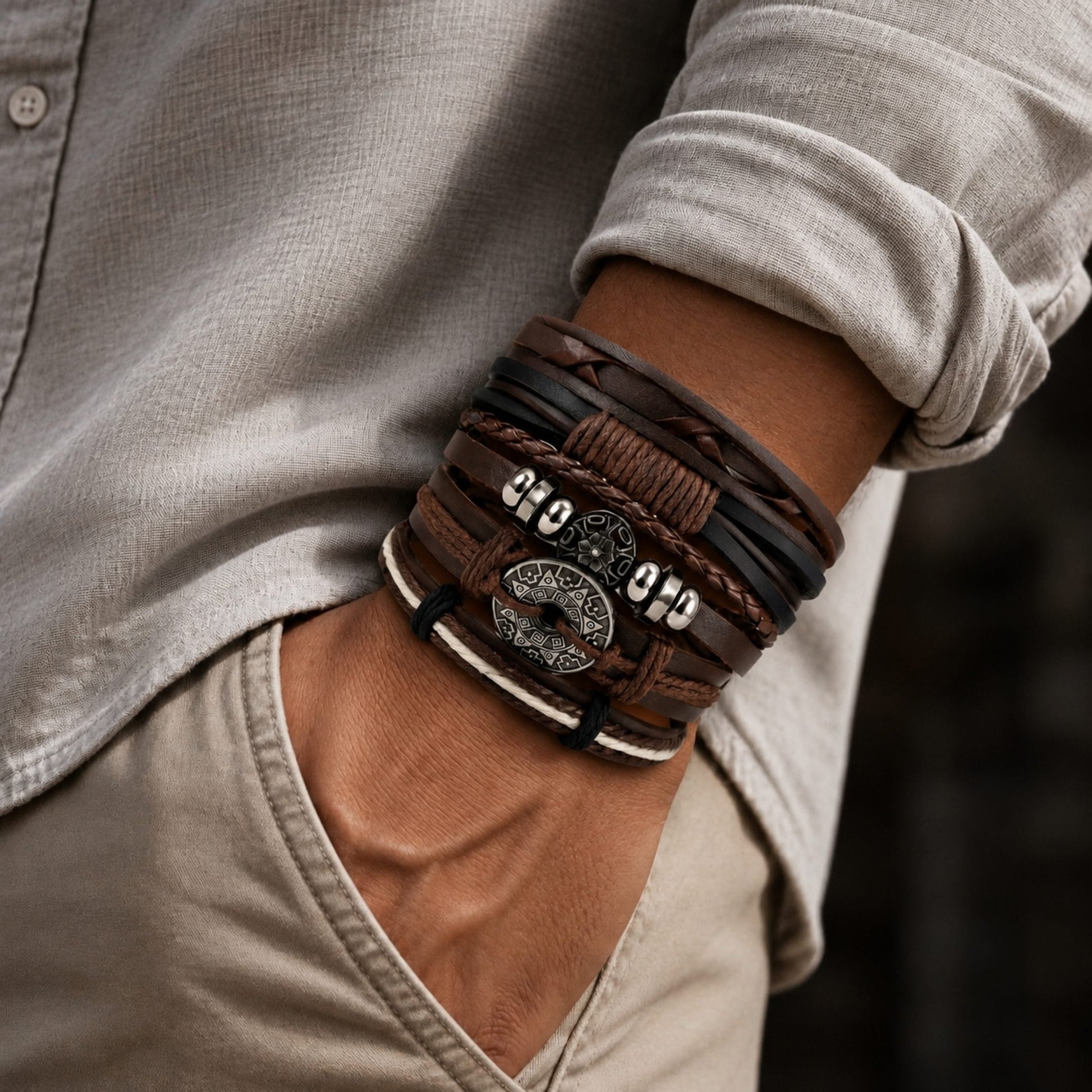 THE MEN THING Leather Bracelet BOHO WOOD STACK - 5 Pcs Genuine Leather Adjustable Bracelet for Men & Boys