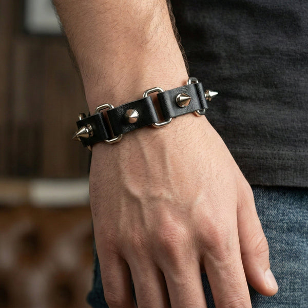 BOLD SPIKED - 23 mm Genuine Leather Adjustable Bracelet for Men & Boys (8 to 9 inch)