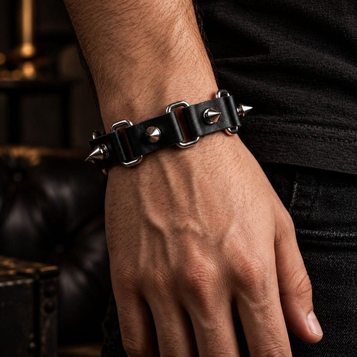 THE MEN THING Leather Bracelet BOLD SPIKED - 23 mm Genuine Leather Adjustable Bracelet for Men & Boys (8 to 9 inch)