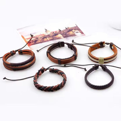 THE MEN THING Leather Bracelet BOUNDEDGE BRACELETS - 5 Pcs Genuine Braided Leather Bracelet Set for Men & Boys (8 inch)