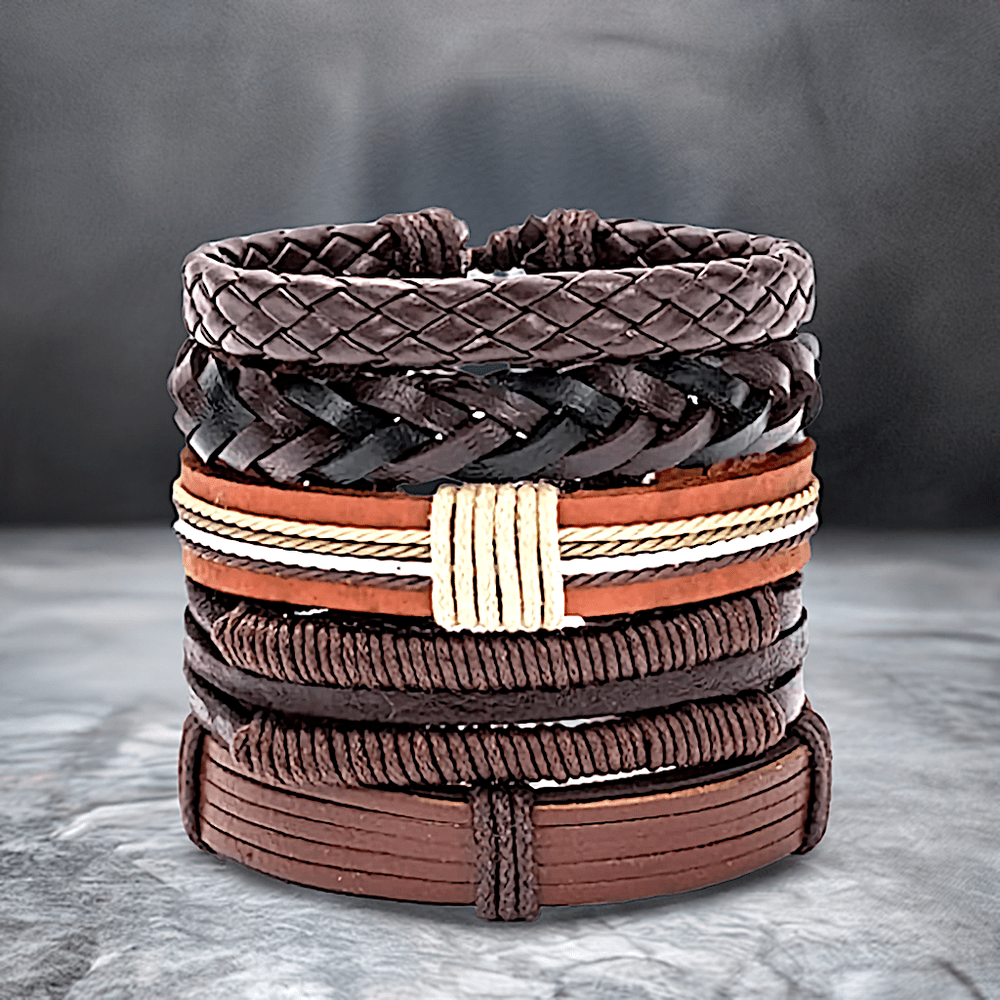 THE MEN THING Leather Bracelet BOUNDEDGE BRACELETS - 5 Pcs Genuine Braided Leather Bracelet Set for Men & Boys (8 inch)