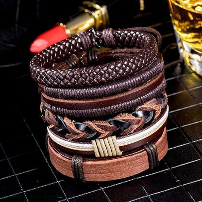 THE MEN THING Leather Bracelet BOUNDEDGE BRACELETS - 5 Pcs Genuine Braided Leather Bracelet Set for Men & Boys (8 inch)