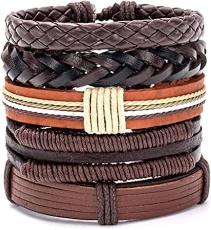 THE MEN THING Leather Bracelet BOUNDEDGE BRACELETS - 5 Pcs Genuine Braided Leather Bracelet Set for Men & Boys (8 inch)