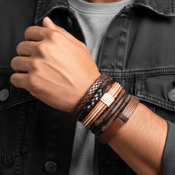 BOUNDEDGE BRACELETS - 5 Pcs Genuine Braided Leather Bracelet Set for Men & Boys (8 inch)