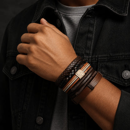 THE MEN THING Leather Bracelet BOUNDEDGE BRACELETS - 5 Pcs Genuine Braided Leather Bracelet Set for Men & Boys (8 inch)