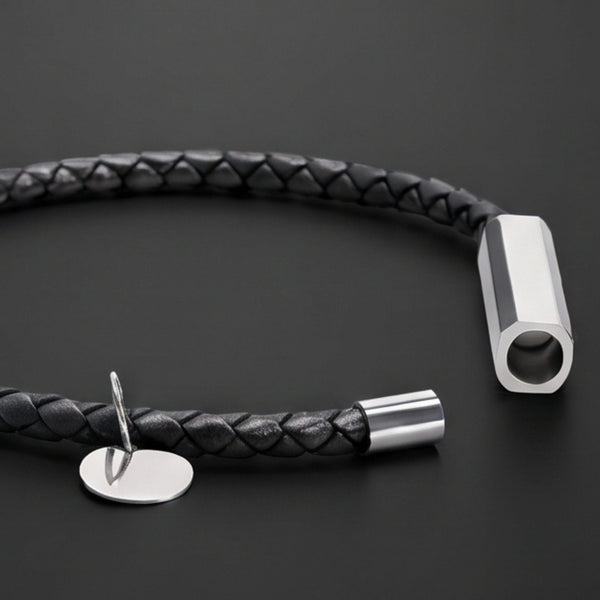 BRAID BAR - 6mm Genuine Leather Bracelet with Stainless Steel Magnetic Barrel Clasp for Men & Boys (8 inch)