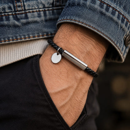 THE MEN THING Leather Bracelet BRAID BAR - 6mm Genuine Leather Bracelet with Stainless Steel Magnetic Barrel Clasp for Men & Boys (8 inch)