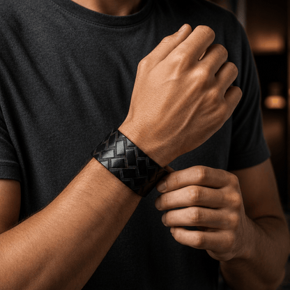 THE MEN THING Leather Bracelet BRAIDX VALOR - BLACK- 40mm Black Genuine Leather Adjustable Bracelet for Men & Boys (9 inch)