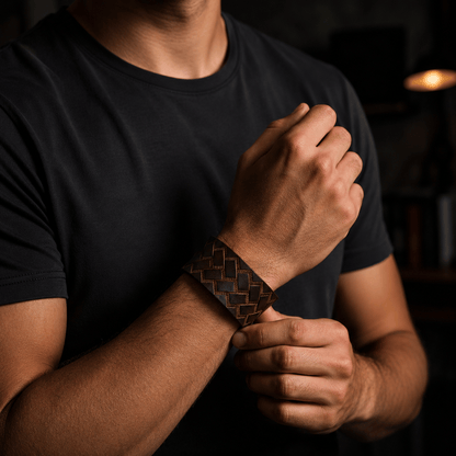 THE MEN THING Leather Bracelet BRAIDX VALOR - BROWN  - 40mm Brown Genuine Leather Adjustable  Bracelet for Men & Boys (9 inch)