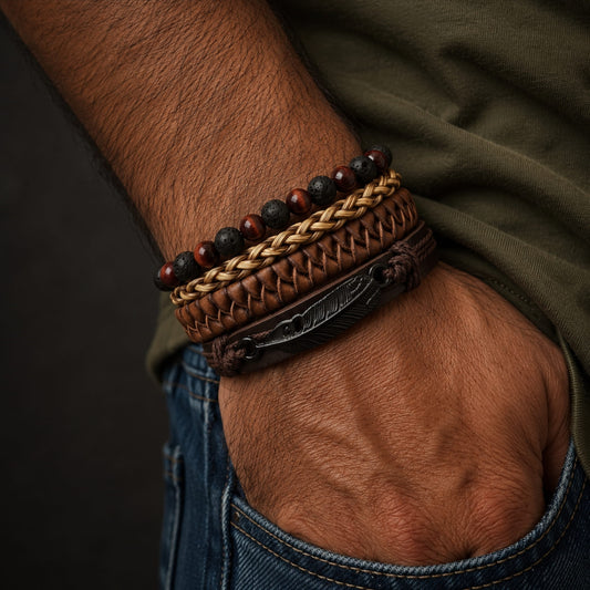 THE MEN THING Leather Bracelet BRAVEHEART CUFF - 4 colors Genuine Braided Leather Bracelet Set for Men & Boys (8 inch)