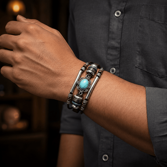 THE MEN THING Leather Bracelet BRONZE KNIGHT - Genuine Braided Leather Bracelet Set for Men & Boys (8 inch)