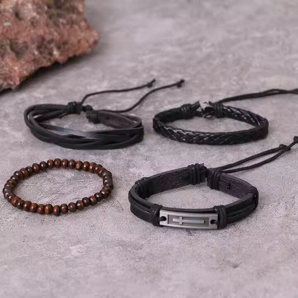 BROTHERHOOD CUFF -  4 Pcs Genuine Braided Leather Bracelet Set for Men & Boys (8 inch)