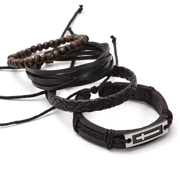 BROTHERHOOD CUFF -  4 Pcs Genuine Braided Leather Bracelet Set for Men & Boys (8 inch)