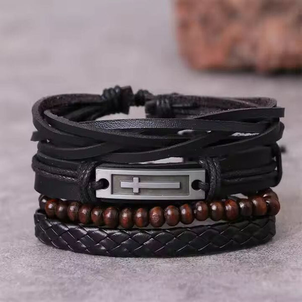 BROTHERHOOD CUFF -  4 Pcs Genuine Braided Leather Bracelet Set for Men & Boys (8 inch)