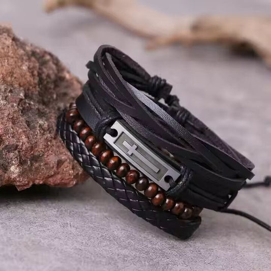 THE MEN THING Leather Bracelet BROTHERHOOD CUFF -  4 Pcs Genuine Braided Leather Bracelet Set for Men & Boys (8 inch)