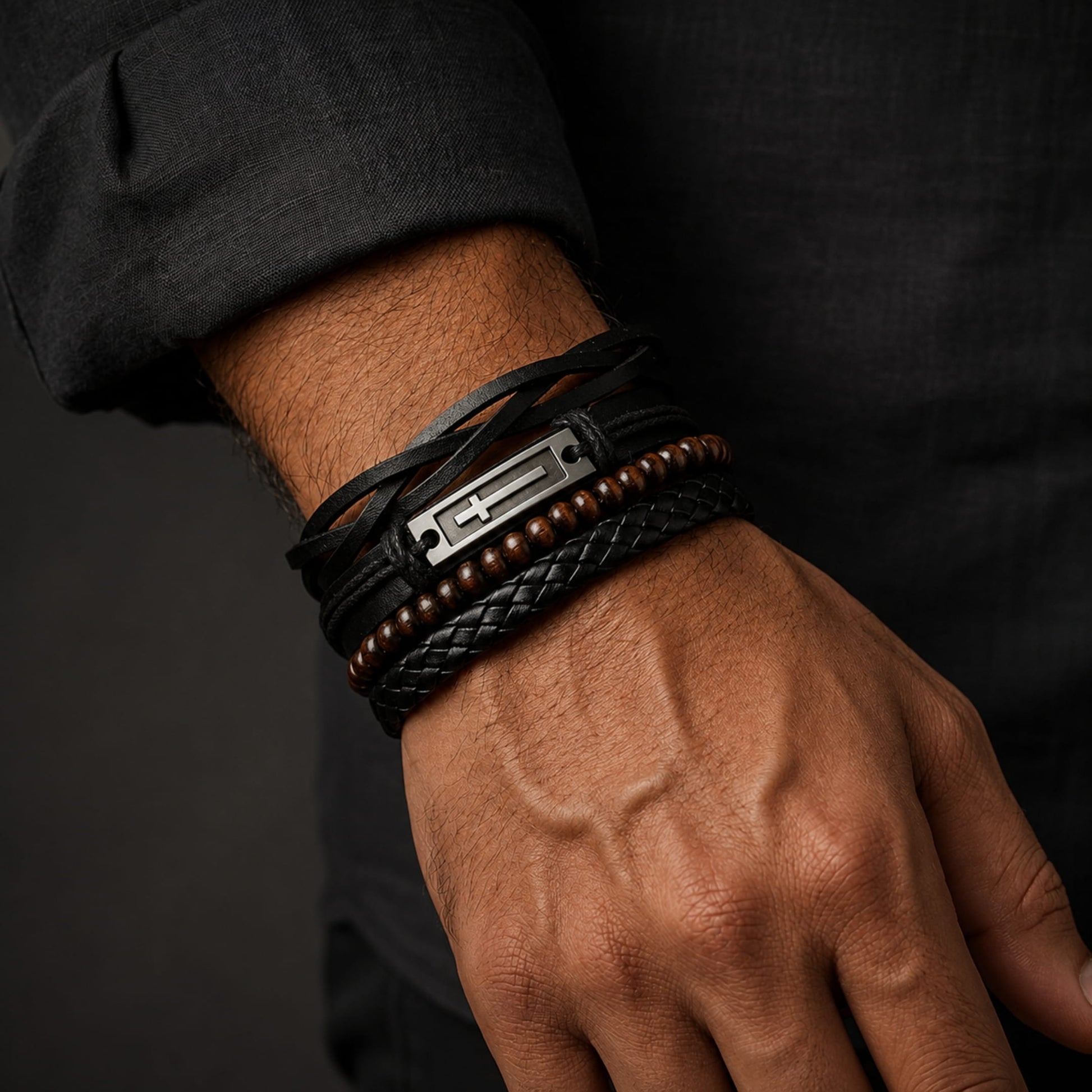 THE MEN THING Leather Bracelet BROTHERHOOD CUFF -  4 Pcs Genuine Braided Leather Bracelet Set for Men & Boys (8 inch)
