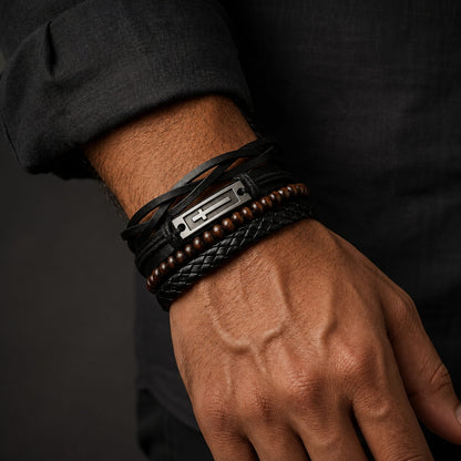 THE MEN THING Leather Bracelet BROTHERHOOD CUFF -  4 Pcs Genuine Braided Leather Bracelet Set for Men & Boys (8 inch)