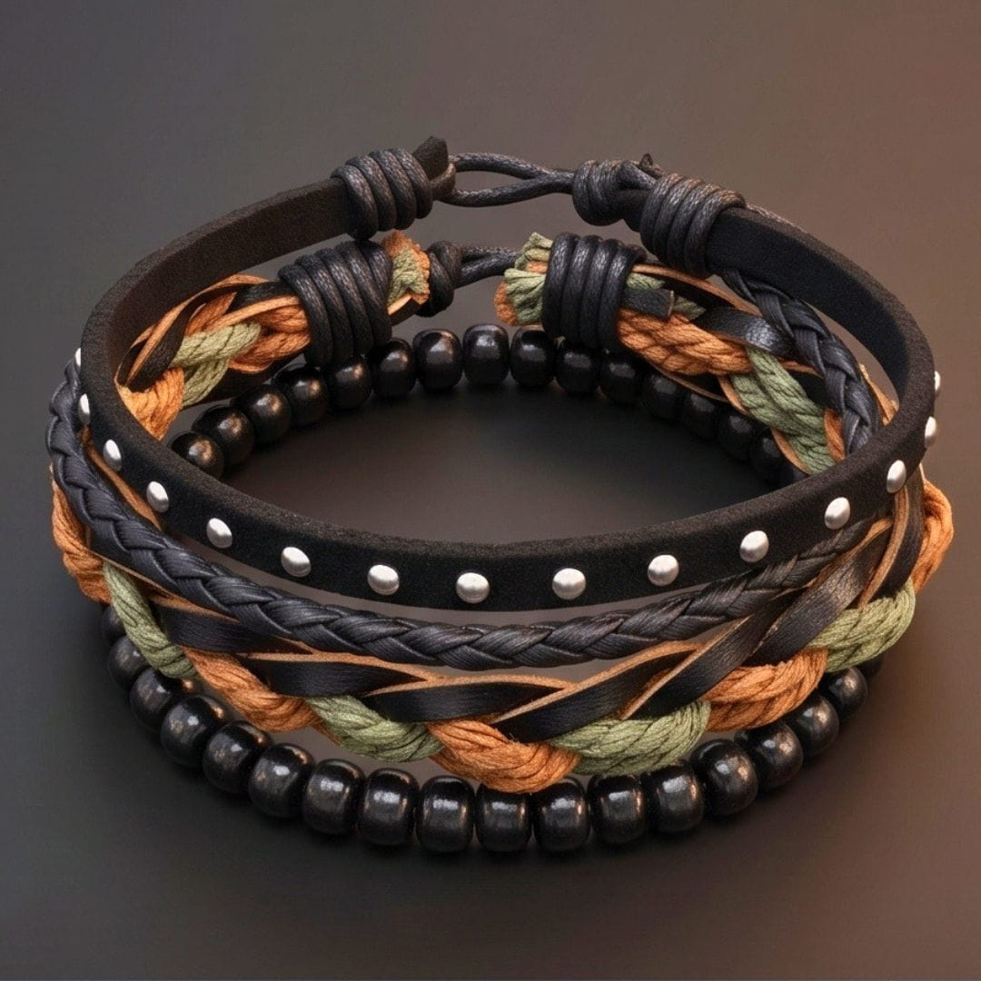 THE MEN THING Leather Bracelet CAMO RIDGE - 3Pcs Genuine Leather Adjustable Bracelets Set for Men & Boys