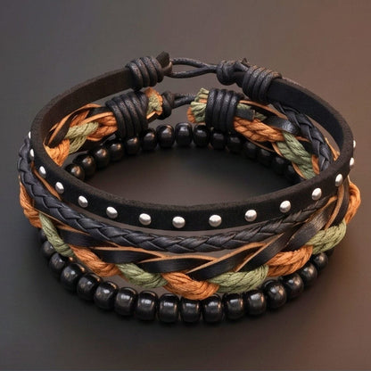 THE MEN THING Leather Bracelet CAMO RIDGE - 3Pcs Genuine Leather Adjustable Bracelets Set for Men & Boys