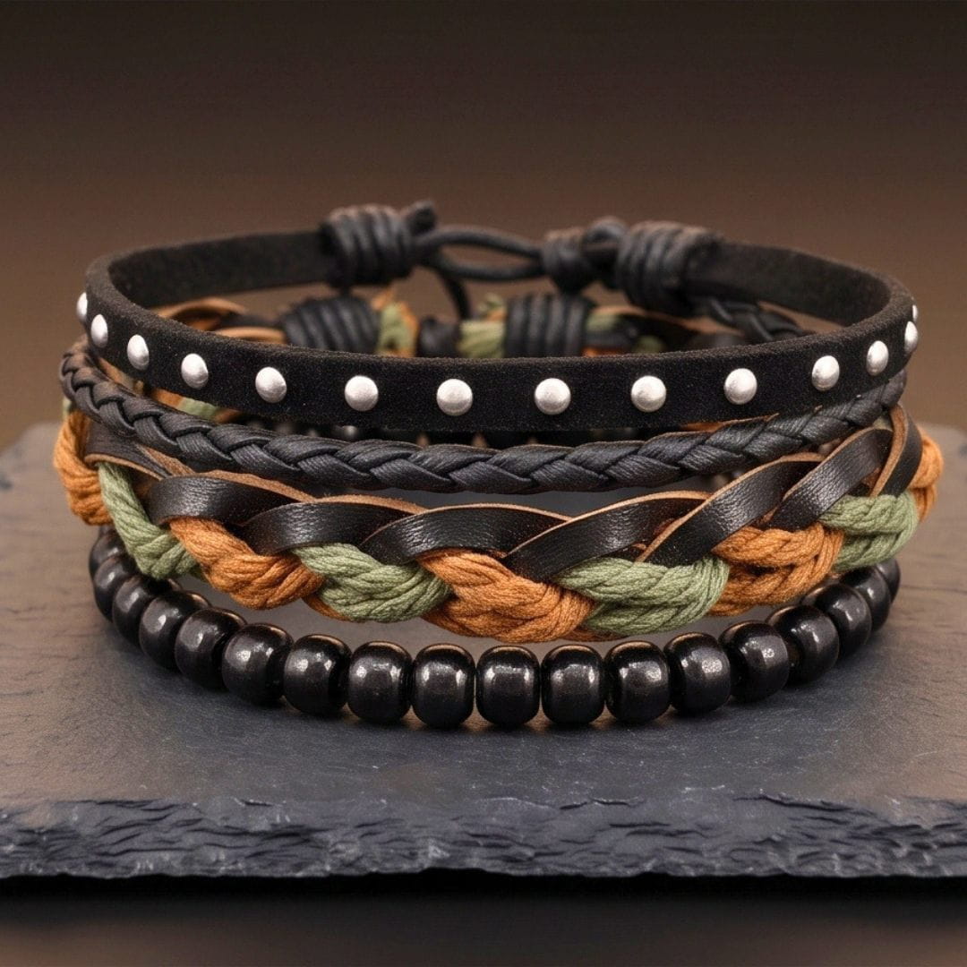 THE MEN THING Leather Bracelet CAMO RIDGE - 3Pcs Genuine Leather Adjustable Bracelets Set for Men & Boys